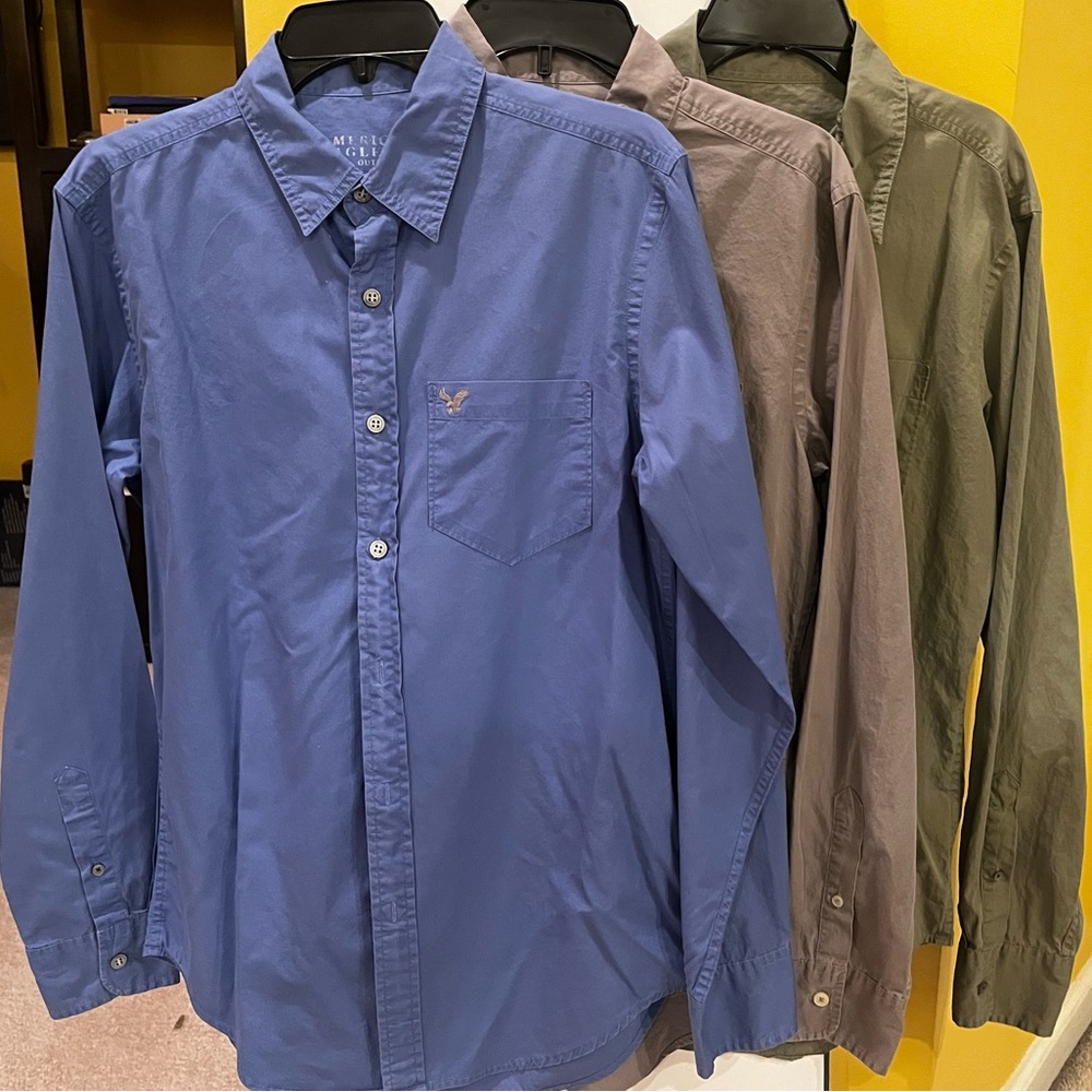 American Eagle Outfitters Blue, Gray, and Green Button Down Shirts